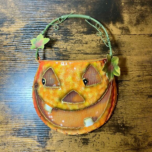 Unbranded Other - Vintage Jack O Lantern Metal Tin Pumpkin Wall Pocket Happy Halloween